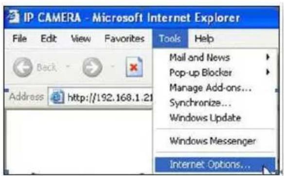 IP CAMERA - Microsoft Internet Explorer File Edit View Favorites Tools Help Mail and News Pop-up Blocker Manage Add-ons... Synchronize... Windows Update Windows Messenger Internet Options...