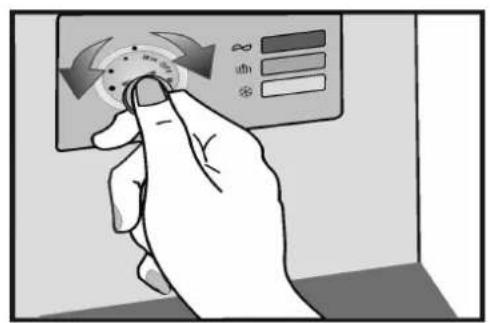 Hand holding a digital control panel with icons and labels, showing a rotary dial indicator.