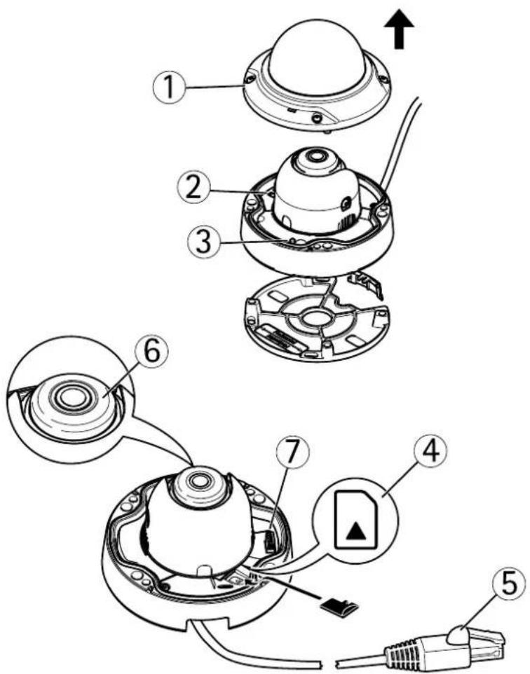 Exploded view diagram of a device showing numbered components and a close-up of the internal structure with an attached connector.