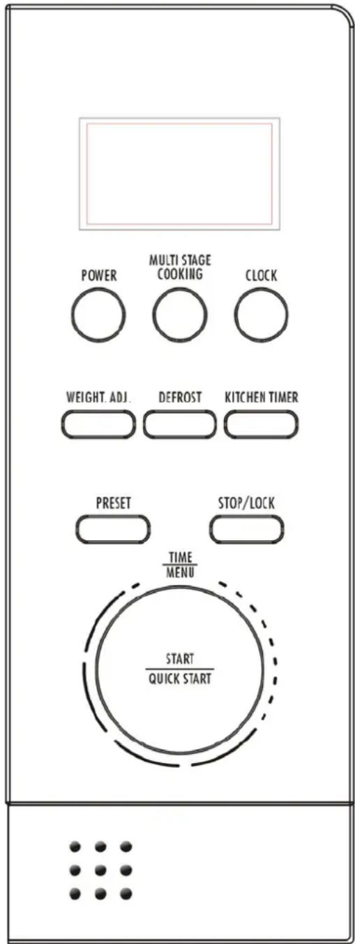 POWER MULTI STAGE COOKING CLOCK WEIGHT ADJ. DEFROST KITCHEN TIMER PRESET STOP/LOCK TIME MENU START QUICK START