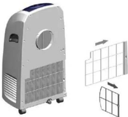 3D rendering of a portable air conditioner unit with internal ventilation grilles and a grid layout diagram showing airflow direction (no text or symbols)