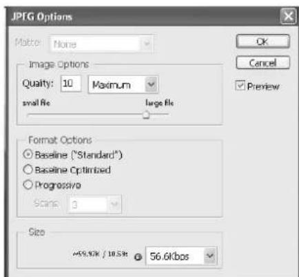 JPTG Options Matter: None Quality: 10 Maximum small file Large file Format Options Baseline ("Standard") Baseline Optimized Progressivo Scale: 3 Size 459.0K / 10.5K 56.6Kbos OK Cancel Preview