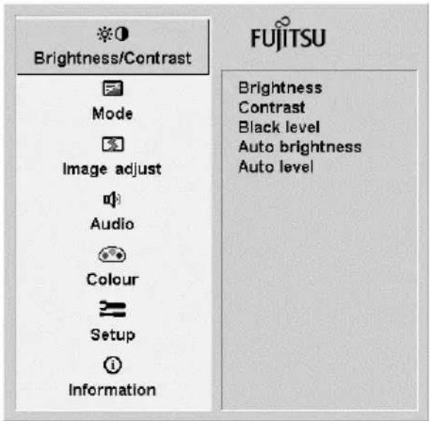 Brightness/Contrast Mode Image adjust Audio Colour Setup Information FUJITSU Brightness Contrast Black level Auto brightness Auto level