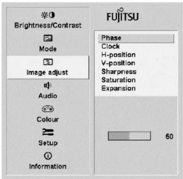 Brightness/Contrast Mode Image adjust Audio Colour Setup Information FUJITSU Phase Clock H-position V-position Sharpness Saturation Expansion 50