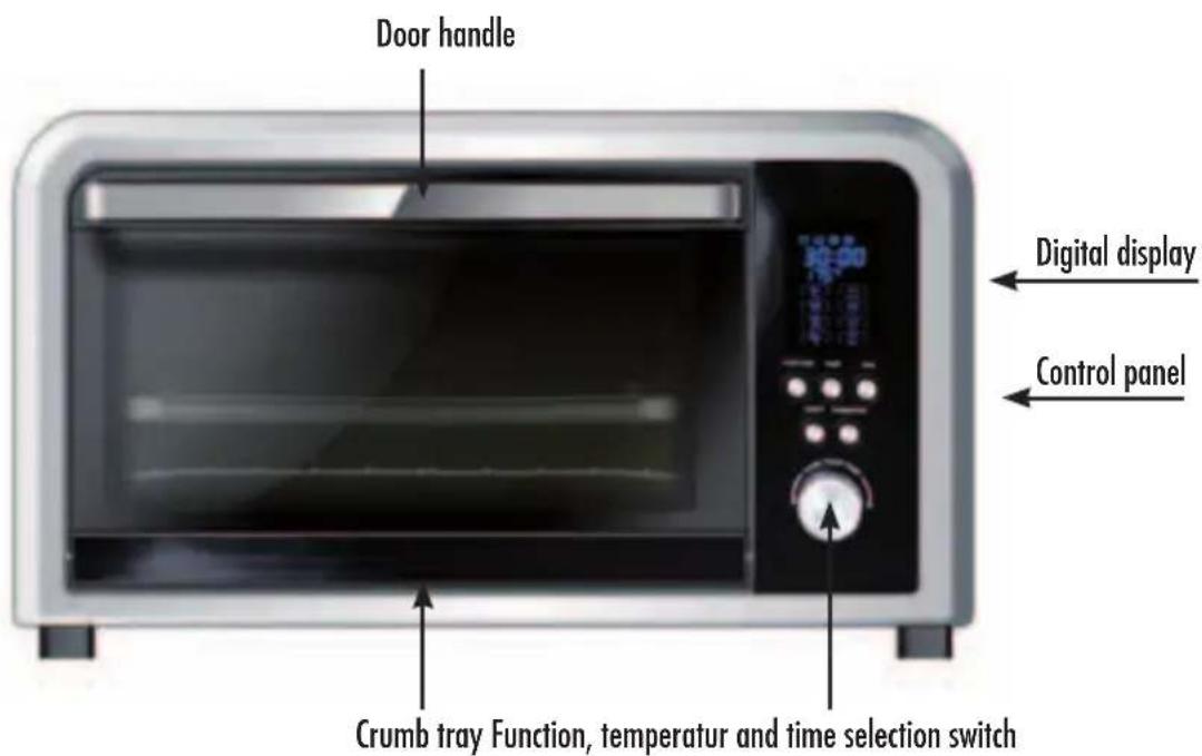 Door handle Digital display Control panel Crumb tray Function, temperatur and time selection switch