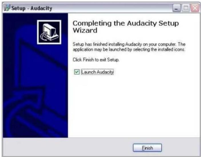 Setup - Audacity Completing the Audacity Setup Wizard Setup has finished installing Audacity on your computer. The application may be launched by selecting the installed icons. Click. Finish to exit Setup. ✓ Launch Audacity Finish