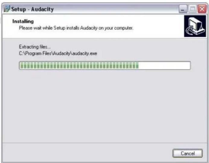 Setup - Audacity Installing Please wait while Setup installs Audacity on your computer. Extracting files... C:\Program Files\Audacity\audacity.exe Cancel