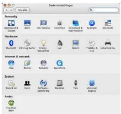 Systemindstillinger Vis alle Personlig Desktop & Desktop Dock International Sikkered Skirksland & Skarmskinder Spotlight Ubscendir Hardware Bluetooth Cifer og tvder Energy besalentree Luf Skamri Tostatur & nut Ustavir& fix Internet & network Mac Dating Networks QuickTime System Data & vid Konti Software open/ning Skantok Tark Universal anjeng Andet FlipMac WINV