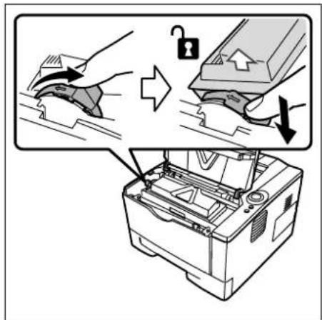 Diagram illustrating a printer press operation with labeled steps and a lock mechanism