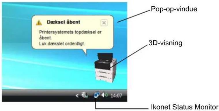 Pop-op-vindue Dæksel åbent Printersystemets topdæksel er åbent. Luk dækslet ordentligt. 3D-visning Ikonet Status Monitor