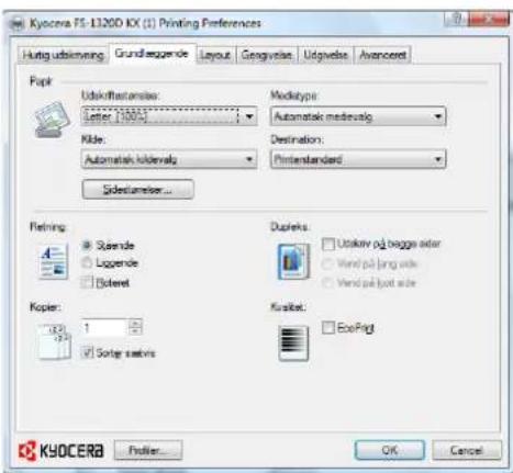 Kyocera FS-11200 KX (1) Printing Preferences Hutig udriivning Grundifrequende Layout Georgvelas Udgvelas Avancereet Fopk Udkofthastamster: Letter 1000 Mide: Automatisk iddavlg Destination: Printstandard Sidestamer... Fotning: Sturnde Logende Doleret Dusikra: Utskriv på bagge aktor Vend på lang aktor Vend på port aktor Kopier: 1 Sorte aktivs Krusket: ExoPogt KYOCERA Fodler OK Cancel