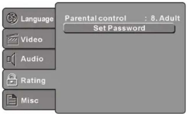 Language Video Audio Rating Misc Parental control : 8. Adult Set Password