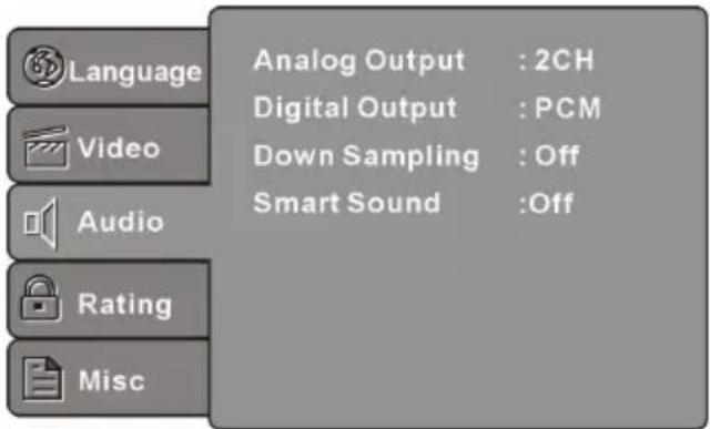 Language Video Audio Rating Misc Analog Output : 2CH Digital Output : PCM Down Sampling : Off Smart Sound :Off