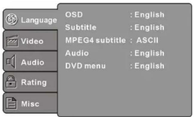 Language Video Audio Rating Misc OSD : English Subtitle : English MPEG4 subtitle : ASCII Audio : English DVD menu : English