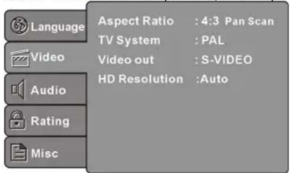 Language Aspect Ratio : 4:3 Pan Scan TV System : PAL Video out : S-VIDEO HD Resolution : Auto Audio Rating Misc