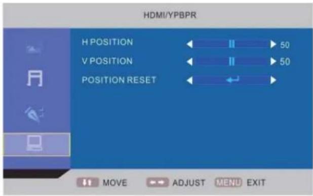 HDMI/YPBPR H POSITION ← II ▶ 50 V POSITION ← II ▶ 50 POSITION RESET ← ↓ MOVE → ADJUST MENU EXIT