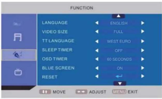 FUNCTION LANGUAGE ENGLISH VIDEO SIZE FULL TT LANGUAGE WEST EURO SLEEP TIMER OFF OSD TIMER 60 SECONDS BLUE SCREEN ON RESET MOVE ADJUST MENU EXIT