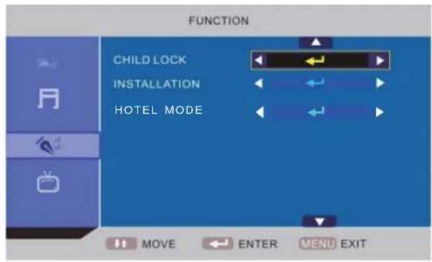 FUNCTION CHILD LOCK INSTALLATION HOTEL MODE MOVE ENTER MENU EXIT