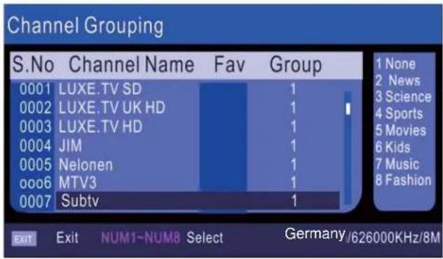 Channel Grouping S.No Channel Name Fav Group 0001 LUXE.TV SD 1 None 0002 LUXE.TV UK HD 1 News 0003 LUXE.TV HD 1 Science 0004 JIM 1 Sports 0005 Nelonen 1 Movies ooo6 MTV3 1 Kids 0007 Subtv 1 Music EXIT Exit NUM1-NUM8 Select Germany/626000KHz/8M