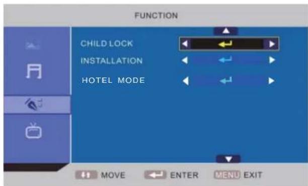 FUNCTION CHILD LOCK INSTALLATION HOTEL MODE MOVE ENTER MENU EXIT