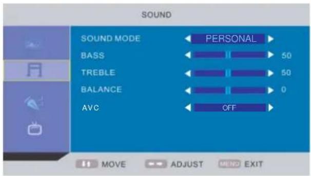SOUND SOUND MODE BASS TREBLE BALANCE AVC PERSONAL 50 50 0 OFF MOVE ADJUST MEND EXIT