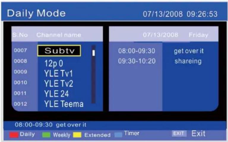 Daily Mode 07/13/2008 09:26:53 S.No Channel name 0007 Subtv 0008 12p 0 0009 YLE Tv1 0010 YLE Tv2 0011 YLE 24 0012 YLE Teema 07/13/2008 Friday 08:00-09:30 get over it 09:30-10:20 shareing 08:00-09:30 get over it Daily Weekly Extended Timer EXIT Exit