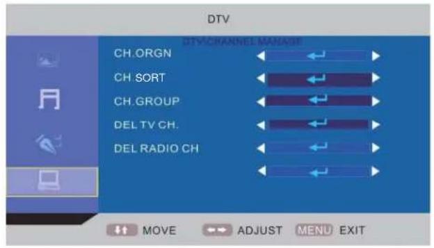 DTV DTV CHANNEL MANAGE CH. ORGN CH. SORT CH. GROUP DEL TV CH. DEL RADIO CH MOVE ADJUST MENU EXIT