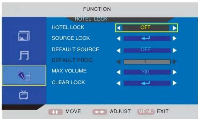 FUNCTION HOTEL LOCK HOTEL LOCK OFF SOURCE LOCK DEFAULT SOURCE OFF DEFAULT PROG 1 MAX VOLUME 100 CLEAR LOCK MOVE ADJUST MENU EXIT
