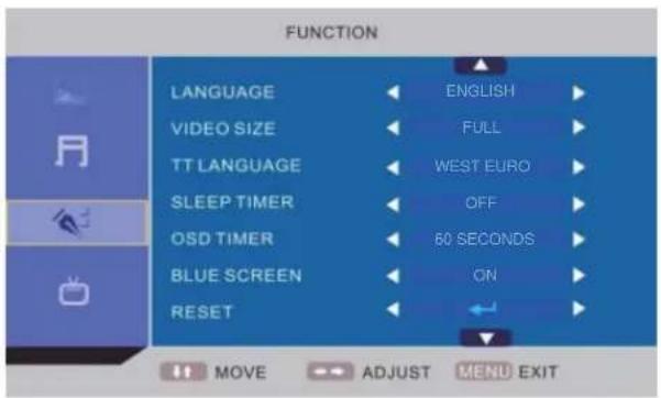 FUNCTION LANGUAGE ENGLISH VIDEO SIZE FULL TT LANGUAGE WEST EURO SLEEP TIMER OFF OSD TIMER 60 SECONDS BLUE SCREEN ON RESET MOVE ADJUST MENU EXIT
