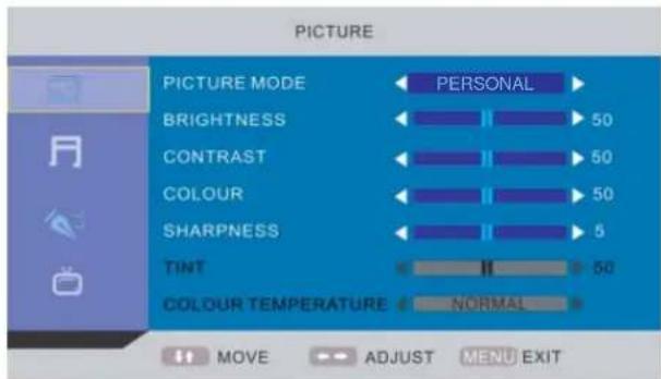 PICTURE PICTURE MODE ← PERSONAL ► BRIGHTNESS ← 50 CONTRAST ← 50 COLOUR ← 50 SHARPNESS ← 5 TINT ← II → 50 COLOUR TEMPERATURE ← NORMAL ► MOVE ADJUST MENU EXIT
