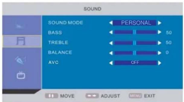 SOUND SOUND MODE BASS TREBLE BALANCE AVC PERSONAL 50 50 0 OFF MOVE ADJUST MENU EXIT