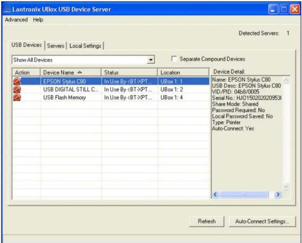 Lantronix UBox USB Device Server Advanced Help Detected Servers: 1 USB Devices | Servers | Local Settings | Show All Devices Separate Compound Devices Action Device Name Status Location EPSON Stylus C80 In Use By