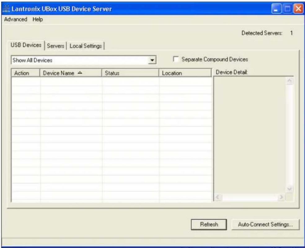 Lantronix UBox USB Device Server Advanced Help Detected Servers: 1 USB Devices | Servers | Local Settings | Show All Devices Separate Compound Devices Action Device Name Status Location Device Detail: Refresh Auto-Connect Settings...
