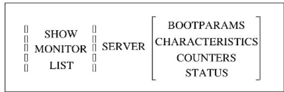 SHOW MONITOR LIST SERVER BOOTPARAMS CHARACTERISTICS COUNTERS STATUS