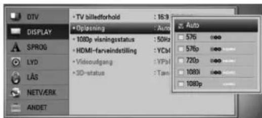 DTV DISPLAY SPROG LYD LAS NETV/ERK ANDET • TV billedforhold : 16:3 • Oplanning : Auto • 1080p visningstatus : 50Hz • HDMI-farveindstilling : YCbM • Visoudgang : YPbI • SD-status : Tam Auto 576 576p 720p 1080 1080p