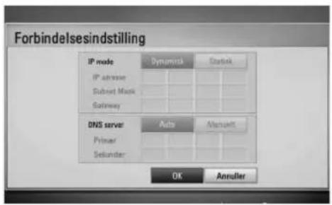 Forbindelsesindstilling IP mode Dynamisk Outlook IP address Subnet Mapk Satirey DNS server Primer Selundar Aids Microsoft OK Annulier
