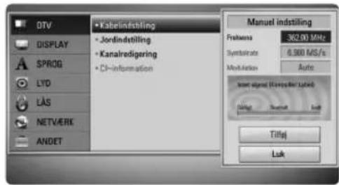 DTV DISPLAY SPROG LYD LAS NETVERK ANDET Kabelinstilling Jordinstilling Kanalredigering CI-information Manuel indstilling Frequency 362.00 MHz Symbol rate 0.900 MS/s Modulation Auto Model signal (Computer Lab) Status Select Load Title1 Luk