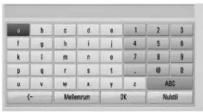 a b c d e 1 2 3 f g h i j 4 5 6 k l m n o 7 8 9 p q r s t . @ 0 u v w x y z ABC (-) Mellenrum OK Nudzil