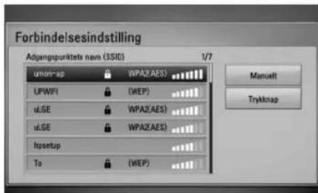 Forbindelsesindstilling Adgangspunktets nam (SSR) 1/7 umor-sp WPA2(AES) UPWIFI (WEP) u.GE WPA2(AES) u.GE WPA2(AES) hpsetup To (WEP) Manuelt Tryktknap