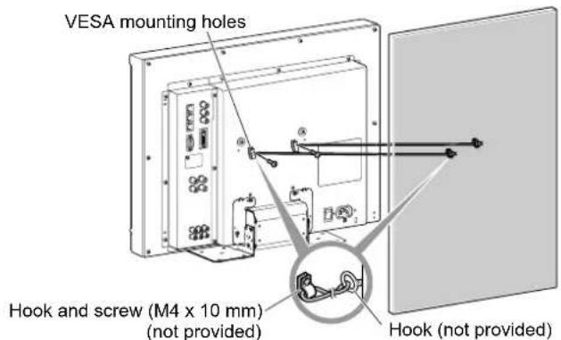 VESA mounting holes Hook and screw (M4 x 10 mm) (not provided) Hook (not provided)