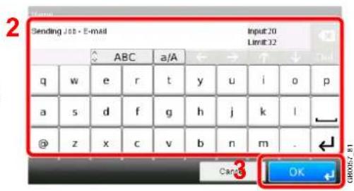 2 Sending Job - E-mail Input:20 Limit:32 ABC a/A ← → ↑ ↓ q w e r t y u>i pivot a s d f g h j k,l @ z x c v b n m. OK Cabe GR0057-81