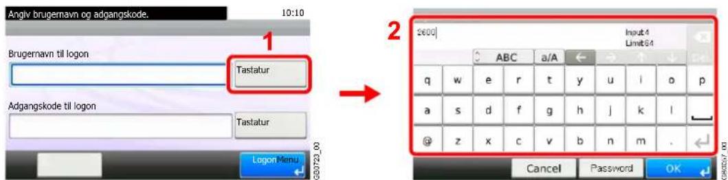 Angiv brugernavn og adgangskode. 10:10 Brugernavn til logon Tastatur Adgangskode til logon Tastatur Logon Menu 2600 ABC a/A Input4 Limit64 q w e r t y u i o p a s d f g h j k l @ z x c v b n m . Cancel Password OK