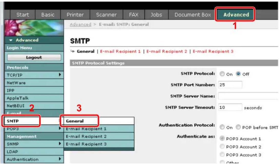 Start Basic Printer Scanner FAX Jobs Document Box Advanced Advanced > E-mail: SMTP: General 1 SMTP ► General | E-mail Recipient 1 | E-mail Recipient 2 | E-mail Recipient 3 SMTP Protocol Settings SMTP Protocol: On Off SMTP Port Number: 25 SMTP Server Name: SMTP Server Timeout: 10 seconds 3 Authentication Protocol: On POP before SMT Authenticate as: POP3 Account 1 POP3 Account 2 POP3 Account 3 2 SMTP General POP3 E-mail Recipient 1 Management E-mail Recipient 2 SNMP E-mail Recipient 3 LDAP Authentication