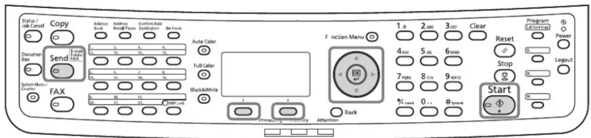 Status / Job Cancel Copy Address Book Address Book/House Confirmation/Add Destination On Hook Send E-mail FAX System Menu / Enounter FAX Auto Color Full Color Black&White Function Menu 1.2 2 ABC 3 DEF Clear Program 4GHI 5JL 6MND Reset Stop 7PQRS 8TUV 9AXYZ Start % 0.000A # Symbol Back Processing Memory Attention