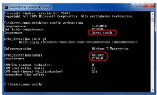 Administrator Koversendopower Microsoft Windows [version 6.1.2600] Copyright (c) 2009 Microsoft Corporation. Alle rettighender forbeholder. C:\Users\james.smith>net config workstation Computernavn Det fulde computernavn Drugermanv Arbejdstation aktiv pk NetBI_Topig_ (Windows 7 Enterprise) Softwareconversion Arbejdstationsdenome Legondomeme COM-Rim timeout (sekunder) COM-send-teller (byte) COM-send-timeout (millisekunder) Vonrendem blev uffort. ARCDNFT PC4050 C:\Users\james.smith>