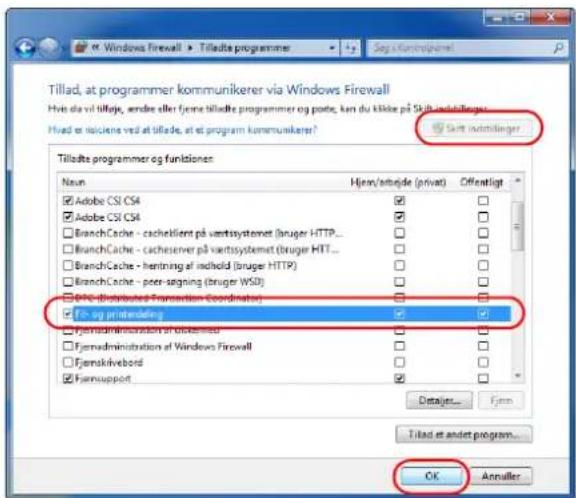 Tillad, at programmer kommunikerer via Windows Firewall Hiv de vil tilfaje, vende eller fjene tilladte programmer og porte, kan du klikke på Skift indallinger: Hivad er risiklenes ved at tillade, at et program kommunikerer? Sørt indallinger Tiltadte programmer og funktionen Noun Hjørn/strægde (privat) Offentligt Adobe CSI CS4 Adobe CSI CS4 BranchCache - cachetlient på værtssystemet (bruger HTTP... BranchCache - cacheserver på værtssystemet (bruger HTTP... BranchCache - hertning af indhold (bruger HTTP) BranchCache - peer-signing (bruger WSD) DPC (distributed Transaction Coordinate) Fib og printendering Fjernadministration af digitalized Fjernadministration af Windows Firewall Fjernskikebord Fjernsupport Details... Fjern Tilad et andet program... OK Annulier