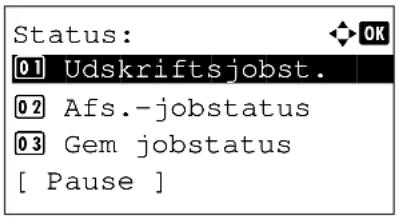 Status: 01 Udskriftsjobst. 02 Afs.-jobstatus 03 Gem jobstatus [ Pause ]