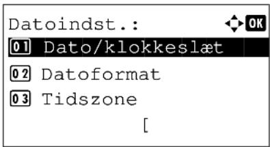 Datoindst.: 01 Dato/klokkeslæt 02 Datoformat 03 Tidszone [
