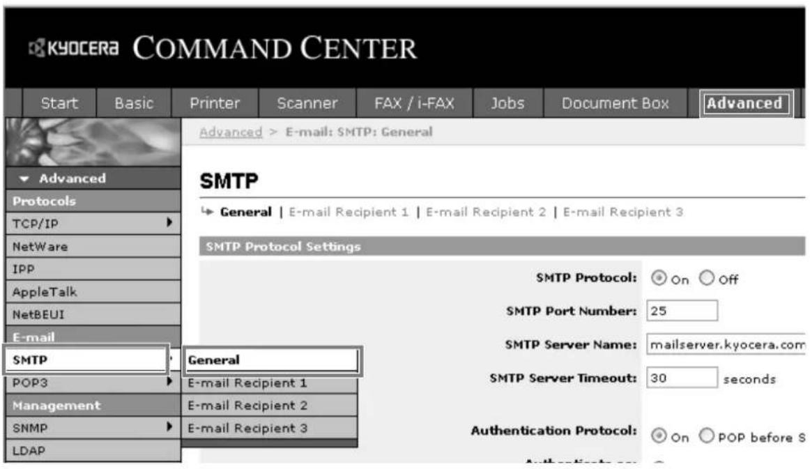 KYO CERA COMMAND CENTER Start Basic Printer Scanner FAX / i-FAX Jobs Document Box Advanced Advanced > E-mail: SMTP: General SMTP ► General | E-mail Recipient 1 | E-mail Recipient 2 | E-mail Recipient 3 SMTP Protocol Settings SMTP Protocol: On Off SMTP Port Number: 25 SMTP Server Name: mailserver.kyocera.com SMTP Server Timeout: 30 seconds Authentication Protocol: On POP before S POP3 E-mail Recipient 1 Management E-mail Recipient 2 SNMP E-mail Recipient 3 LDAP