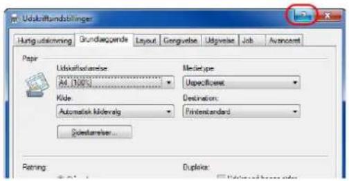 Udskraftsindställinger Hartig udstömming Grundelpende Layout Gengivelse Udgsweise Job Avancext Paper Udskraftsindställer M4.100% Meditype Uspeciflotype Kide Destination: Automatisk kildverlig Printstandard Substruktur... Ferming Duplexor: